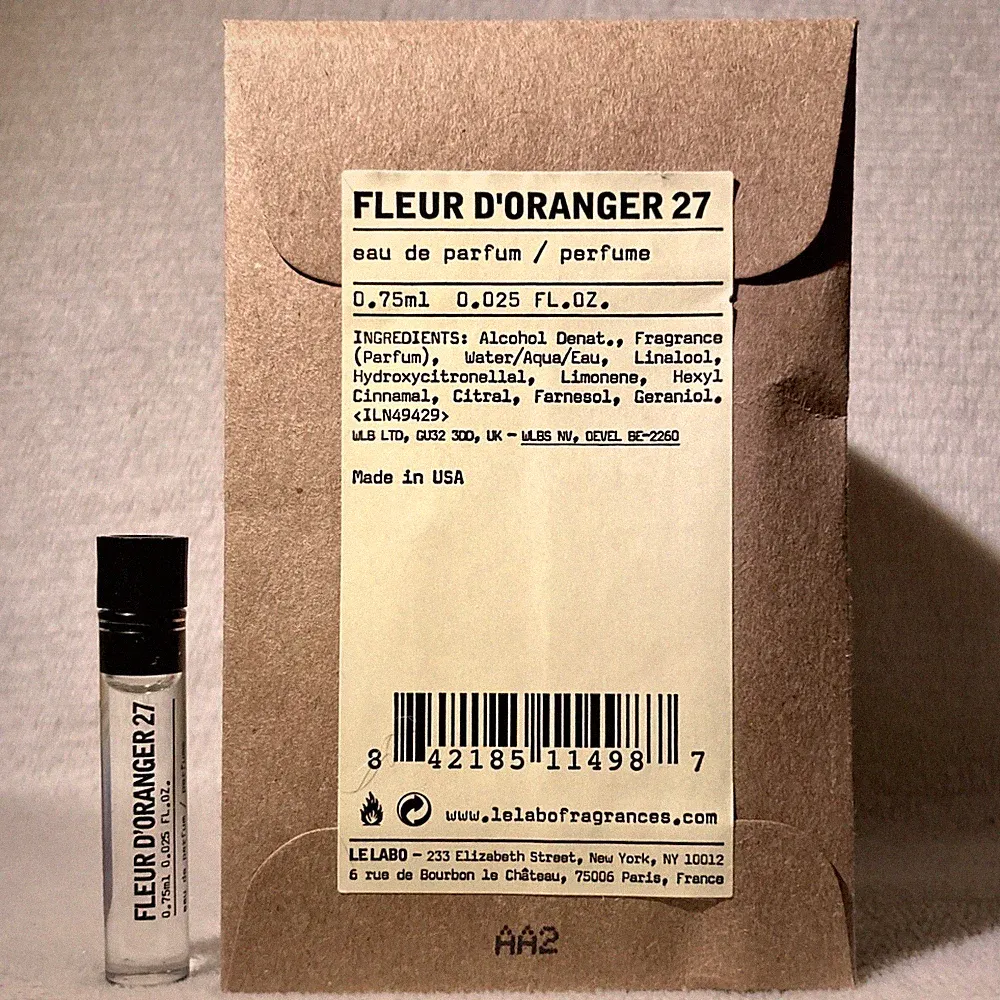Le Labo Fleur D'Oranger 27 Eau de Parfum Sample Vial .025oz, .75mL New in Pouch