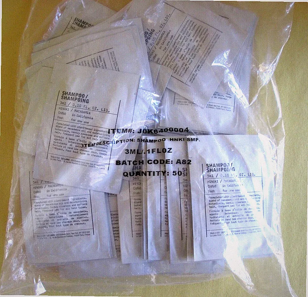 SET OF 50 LE LABO HINOKI SHAMPOO SAMPLE PACKETS 3 ML 0.10 OZ EACH SEALED BAG